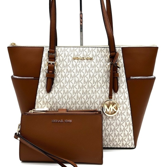 Michael Kors Large Charlotte Tote Bag & Large Double Zip Wallet Vanilla/Brown - Picture 1 of 14